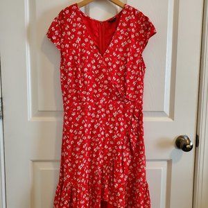 J. Crew Red Floral Faux Wrap Ruffle Summer Dress size 4